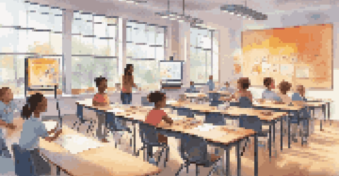A diverse group of students in a modern classroom engaged in interactive learning, with a teacher guiding them and colorful screens displaying personalized content.