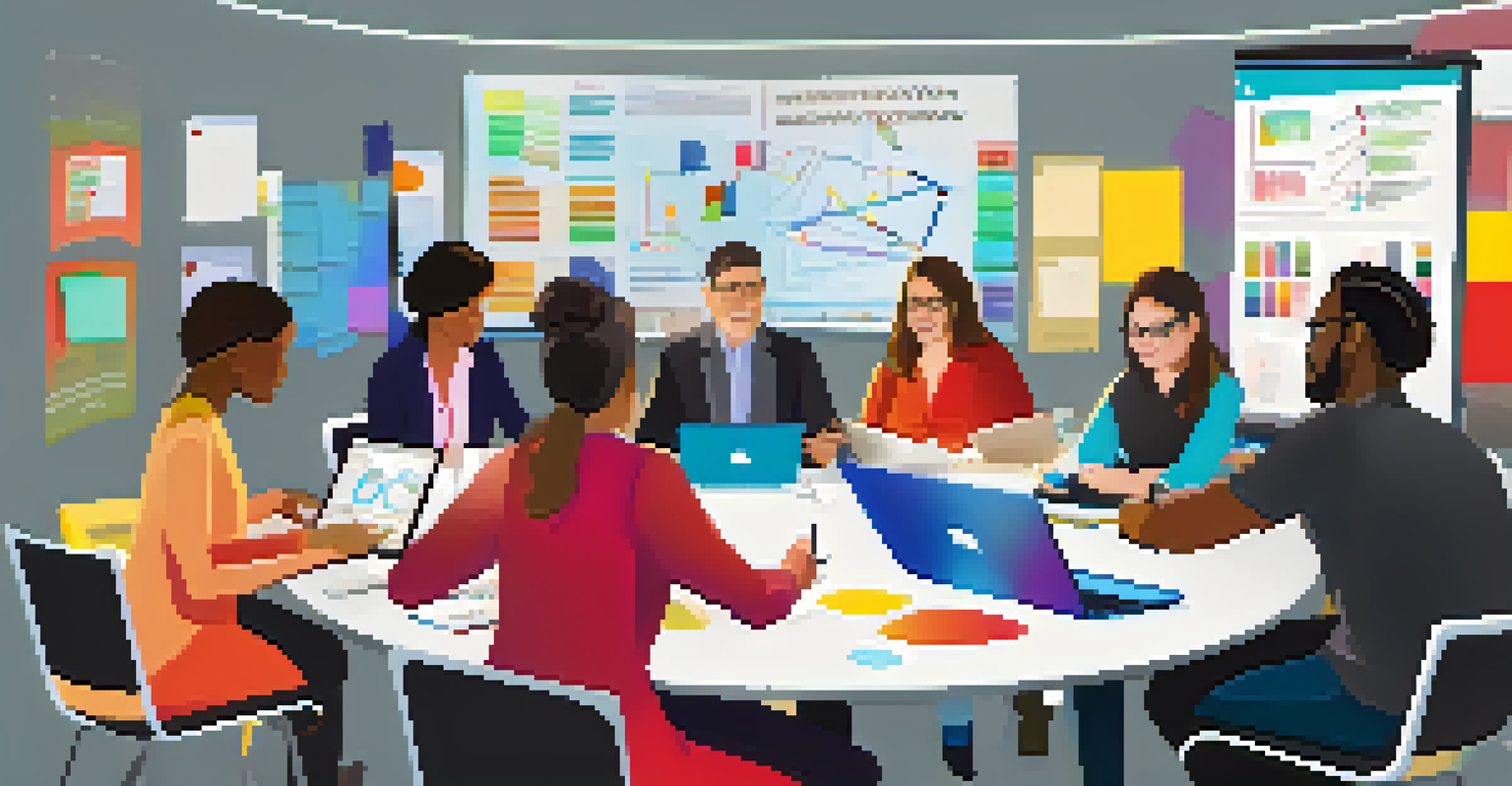 A group of educators collaborating around a table, discussing technology integration with laptops and educational resources in a lively setting.