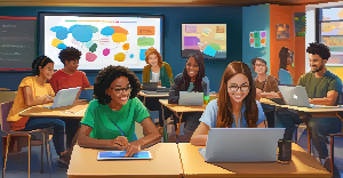 A diverse group of students participating in a lively online classroom discussion, showcasing collaboration and engagement through their laptops.