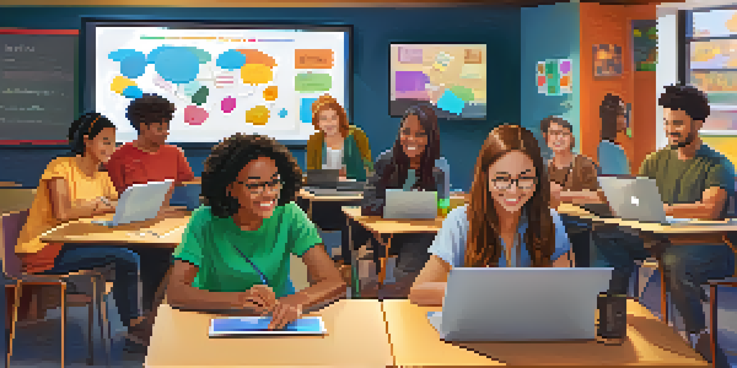 A diverse group of students participating in a lively online classroom discussion, showcasing collaboration and engagement through their laptops.