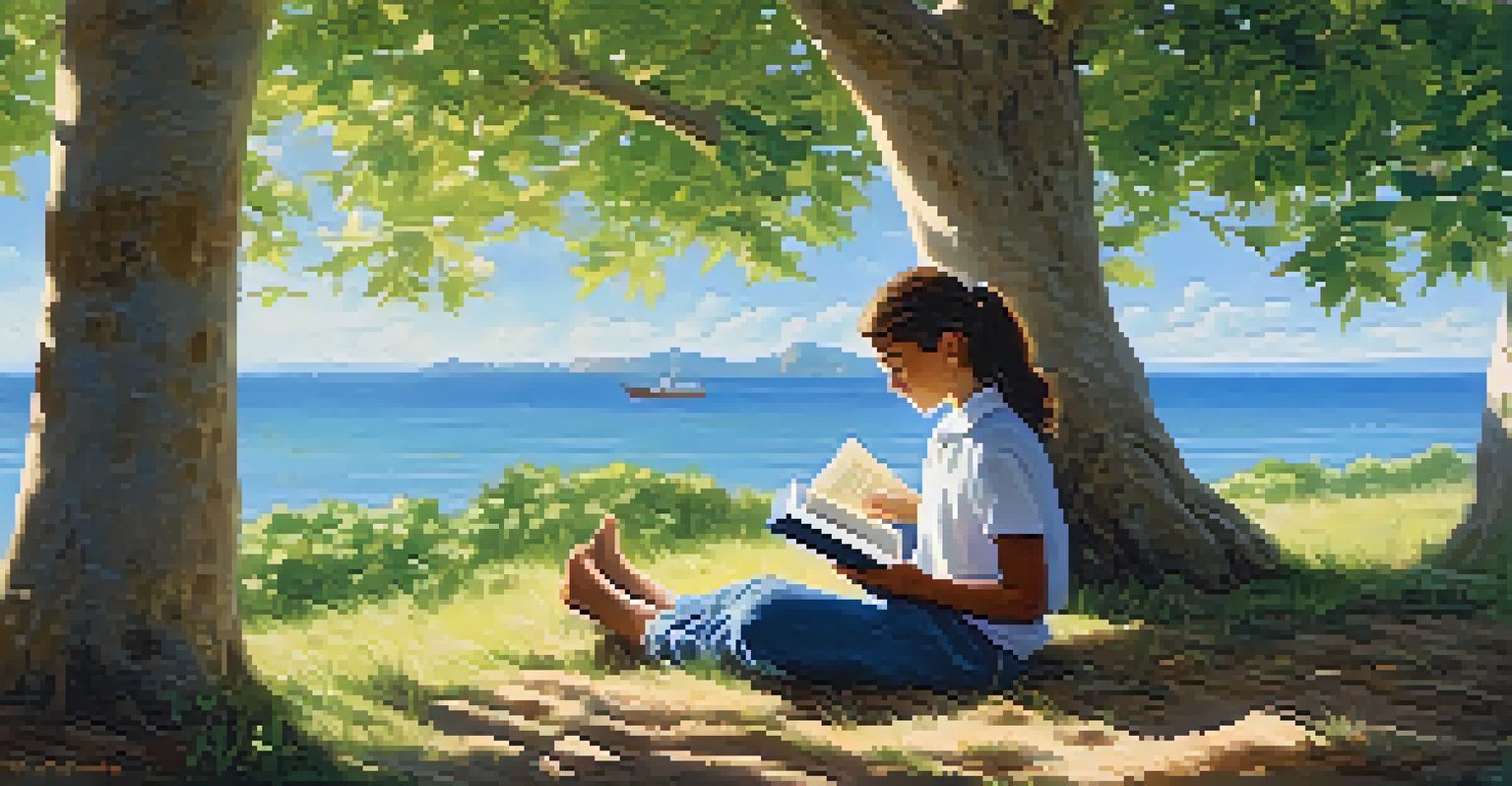 A young student reading a book about marine biology under a tree in a peaceful outdoor setting, reflecting curiosity and engagement.