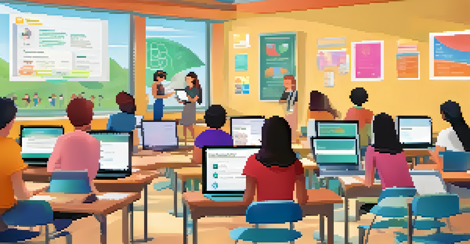 A computer screen showing interactive learning tools, surrounded by engaged students in a bright classroom.