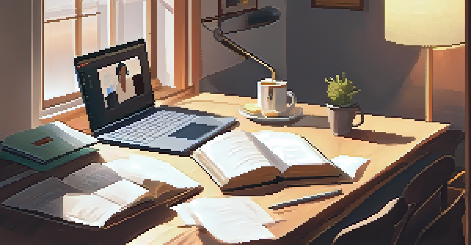 A person studying at home with textbooks and a laptop, surrounded by a cozy atmosphere.