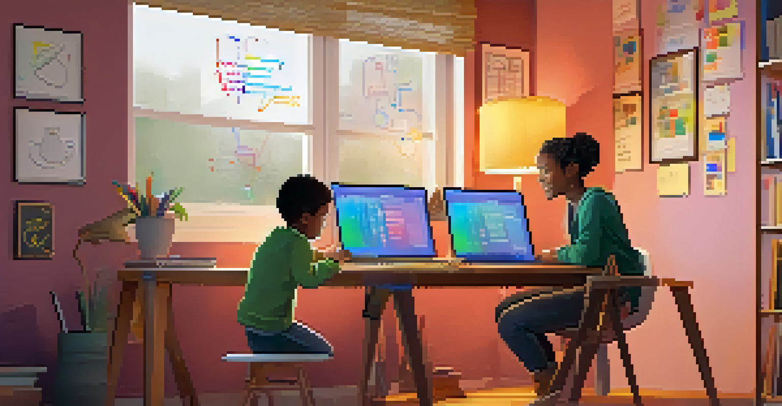 A parent and child working together on a coding project at home, surrounded by educational materials.