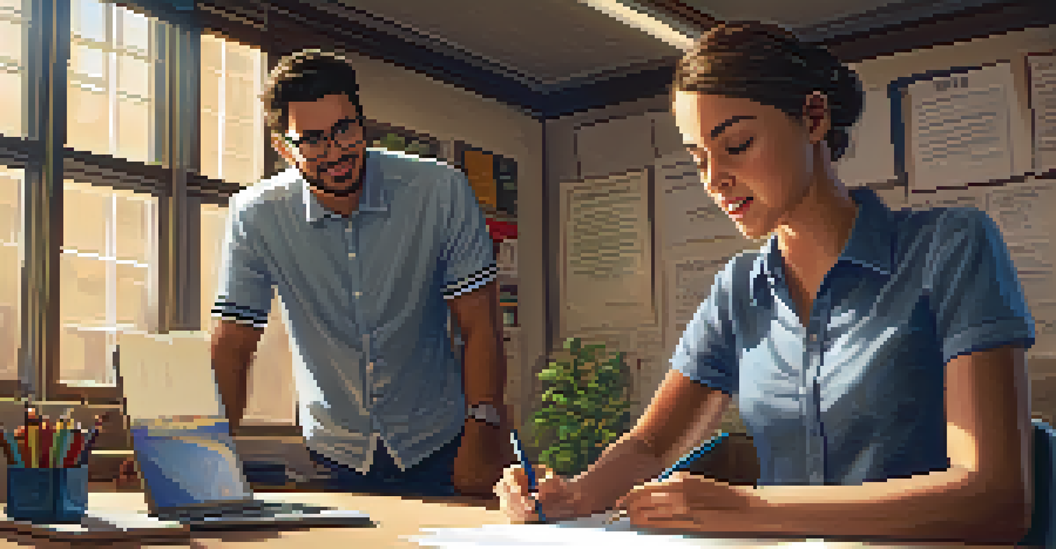 A teacher providing feedback to a student in a cozy setting, with papers and a laptop on the desk.