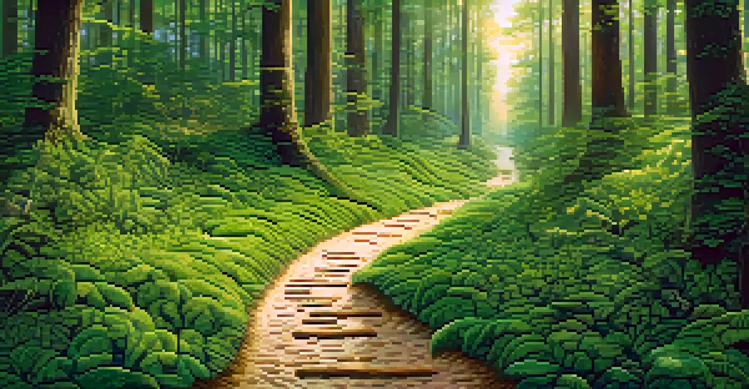 A trail of breadcrumbs in a forest, representing a digital footprint with symbols of social media, emphasizing online presence.