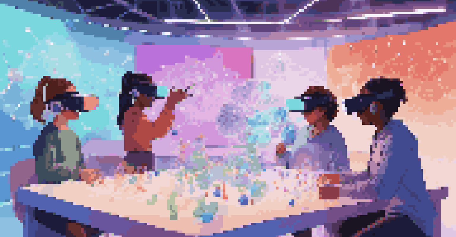 Students collaborating in a virtual reality environment on a science project, with 3D models of molecules in the background.