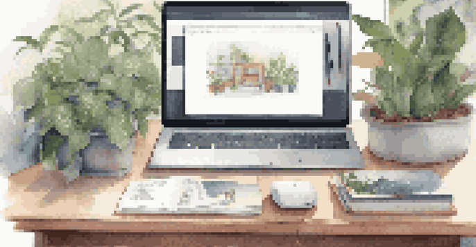 A bright and inviting workspace with a laptop displaying a digital portfolio, surrounded by greenery and stationery.