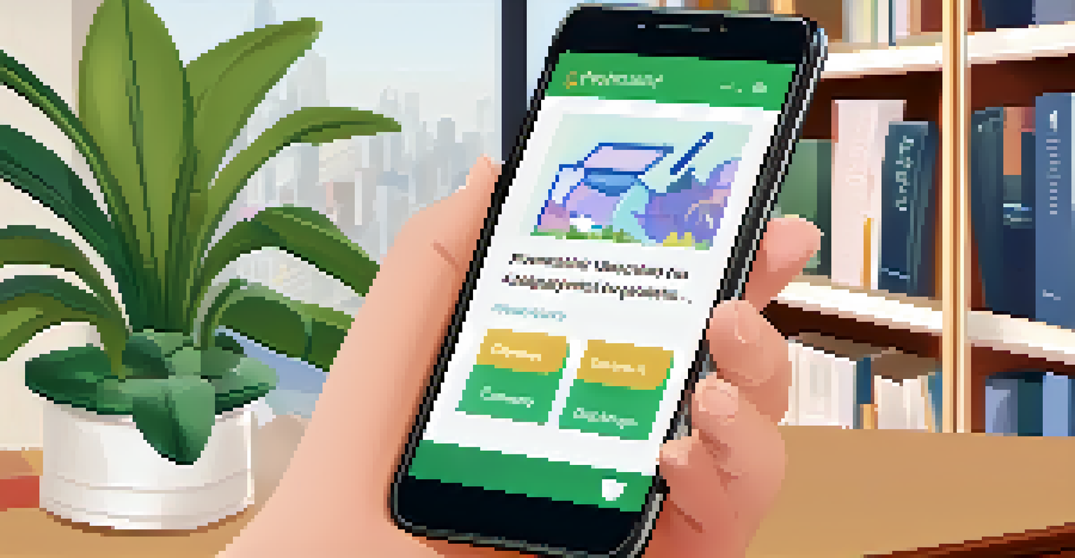 A smartphone displaying an AI-powered mobile learning app with personalized learning paths and gamified elements, set in a cozy study area.