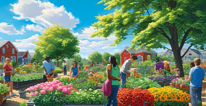 A community garden bustling with students planting flowers and vegetables under a clear blue sky.