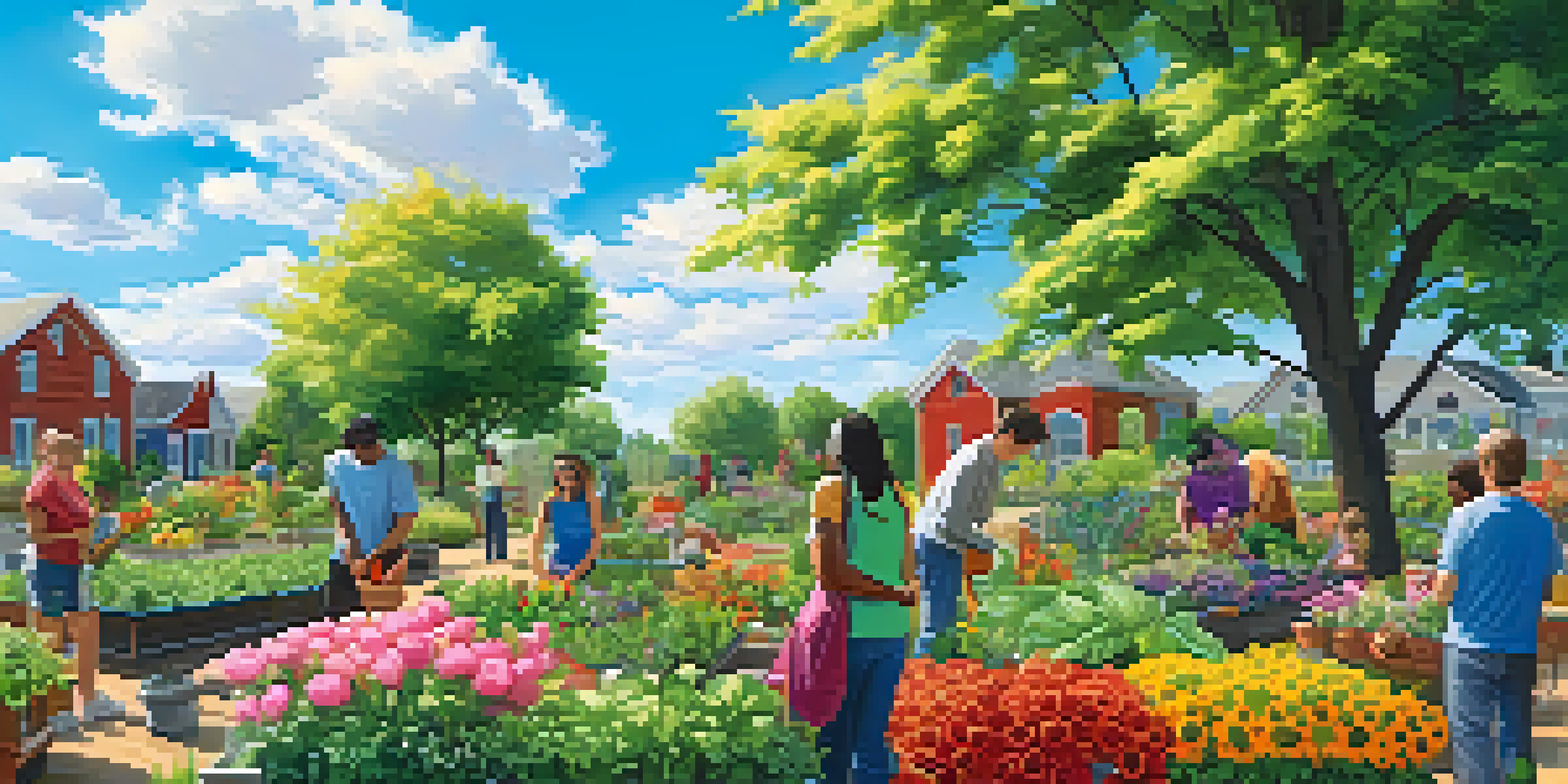 A community garden bustling with students planting flowers and vegetables under a clear blue sky.