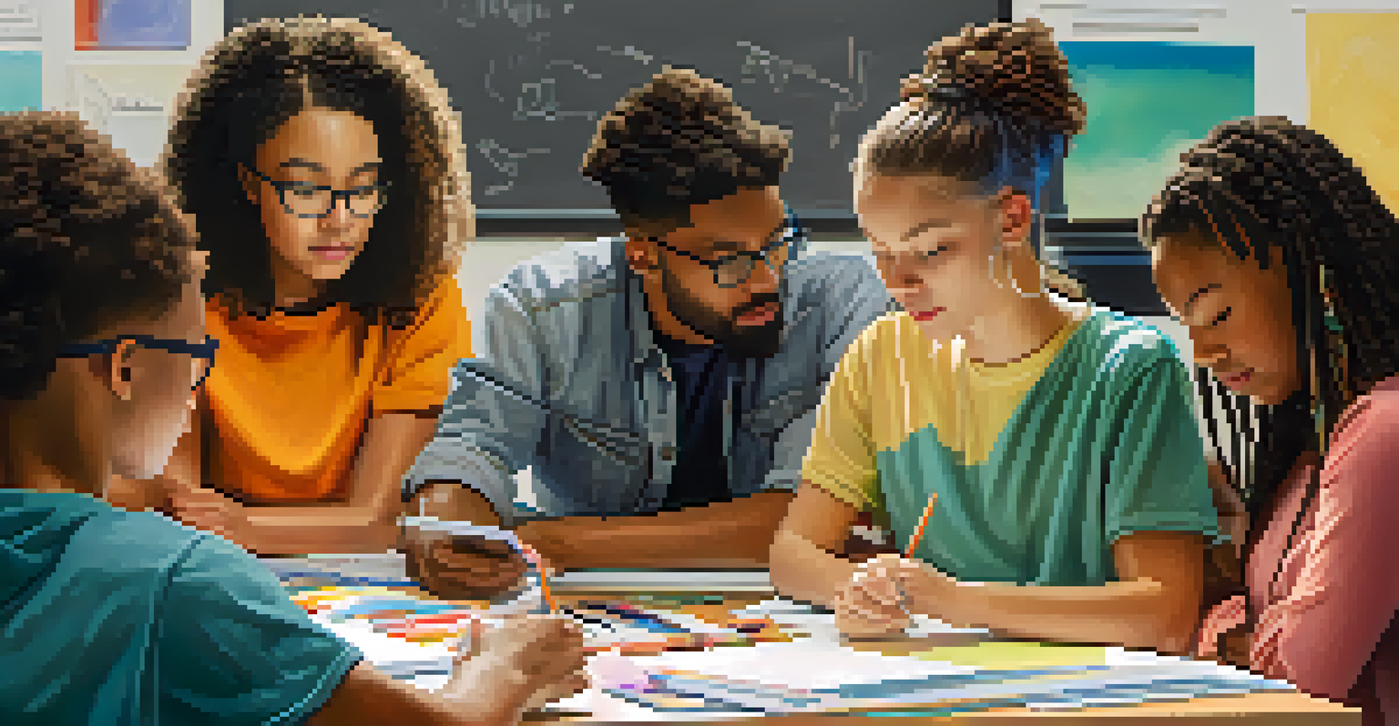 A diverse group of students working together on a project, showcasing teamwork and creativity.