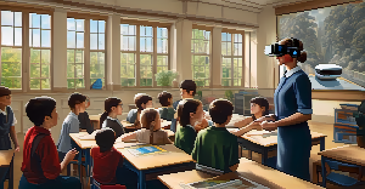 A teacher guiding students using virtual reality headsets to explore a 3D historical environment in a bright classroom filled with educational materials.