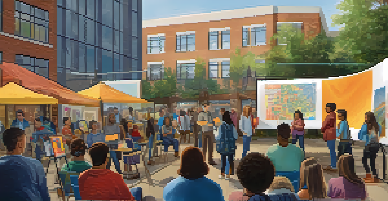 Students presenting their community project at a forum, with an engaged audience and colorful displays around, in a warm and inviting atmosphere.