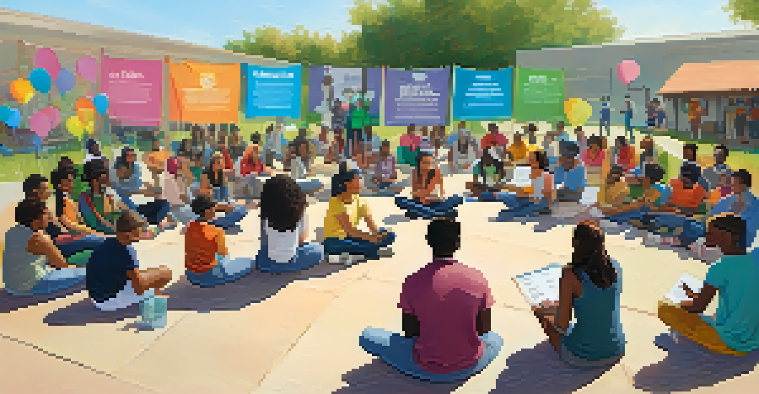 A diverse group of young people sitting in a circle outdoors, discussing mental health topics with notepads in hand, showing empathy and support.