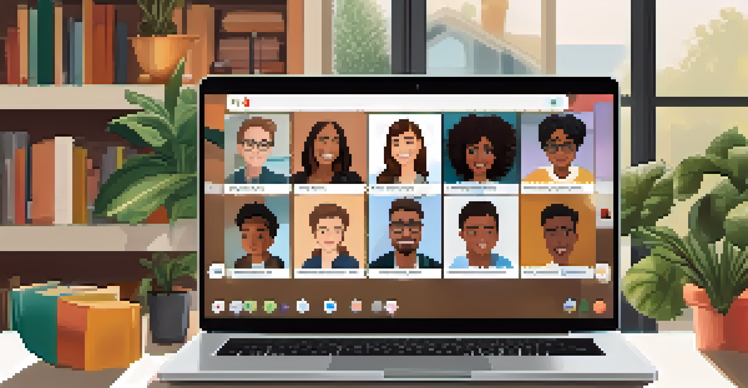 A laptop screen displaying a video conference with students engaged in discussion, set in a cozy home office.