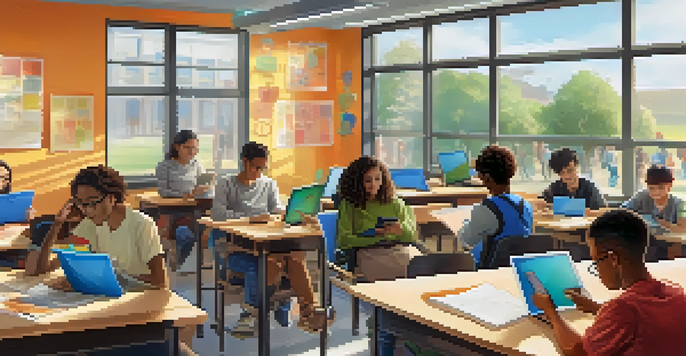 A modern classroom with students using tablets and smartphones, engaged in mobile learning with bright natural light and colorful decorations.