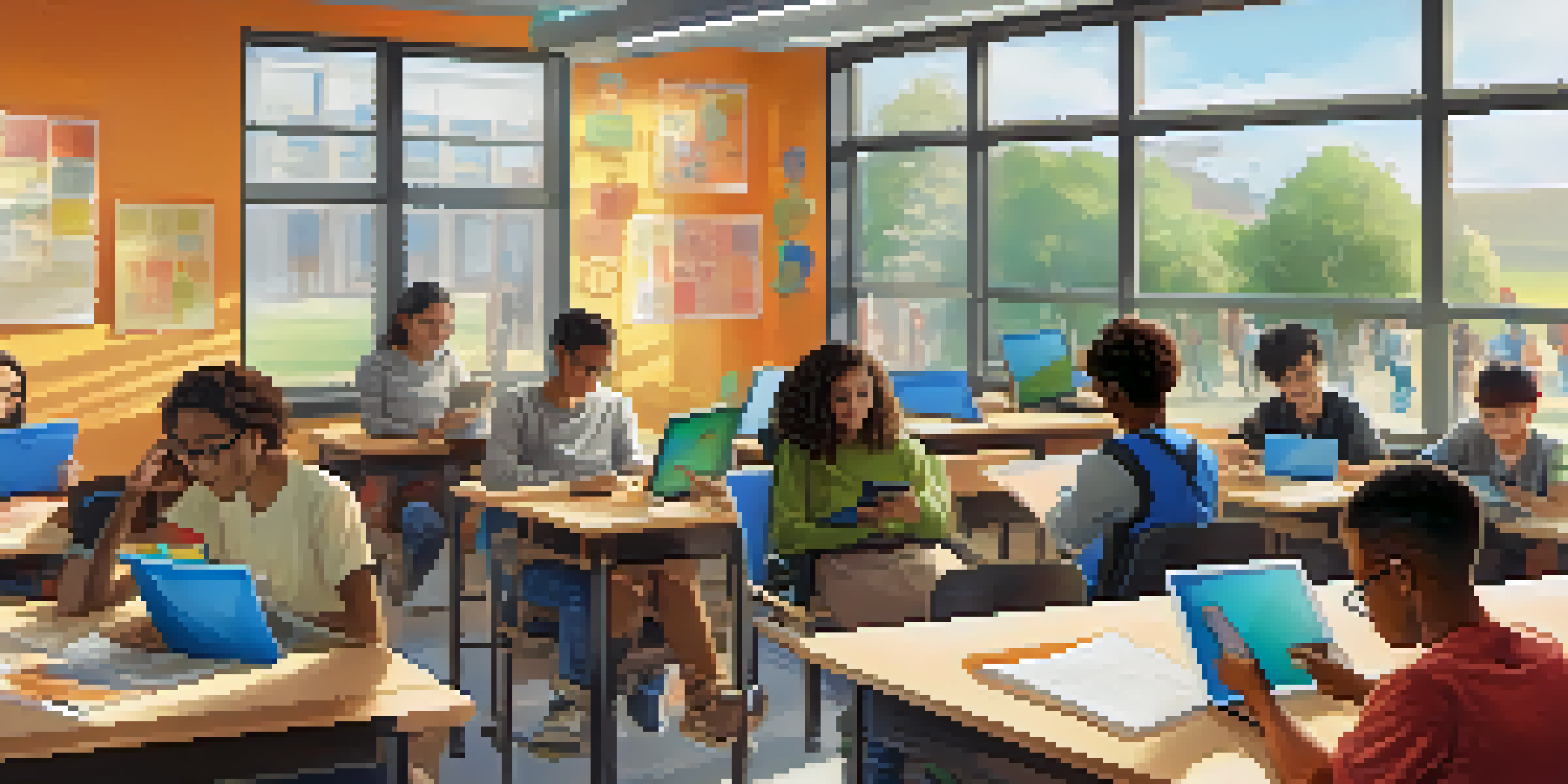 A modern classroom with students using tablets and smartphones, engaged in mobile learning with bright natural light and colorful decorations.