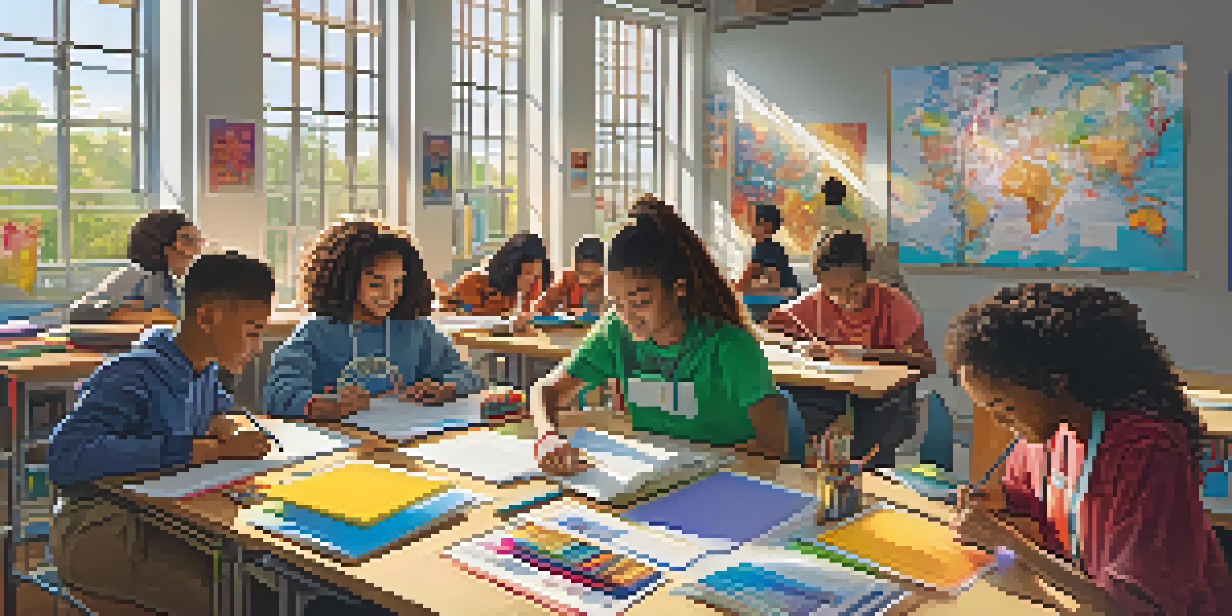 A colorful classroom with students working together on a project, surrounded by educational materials and sunlight coming through the windows.