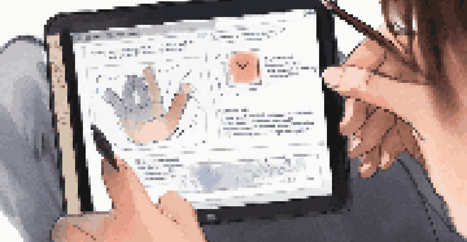 A close-up of a student's hands holding a tablet showing peer feedback, with a notebook and pen nearby, depicting an active learning environment.