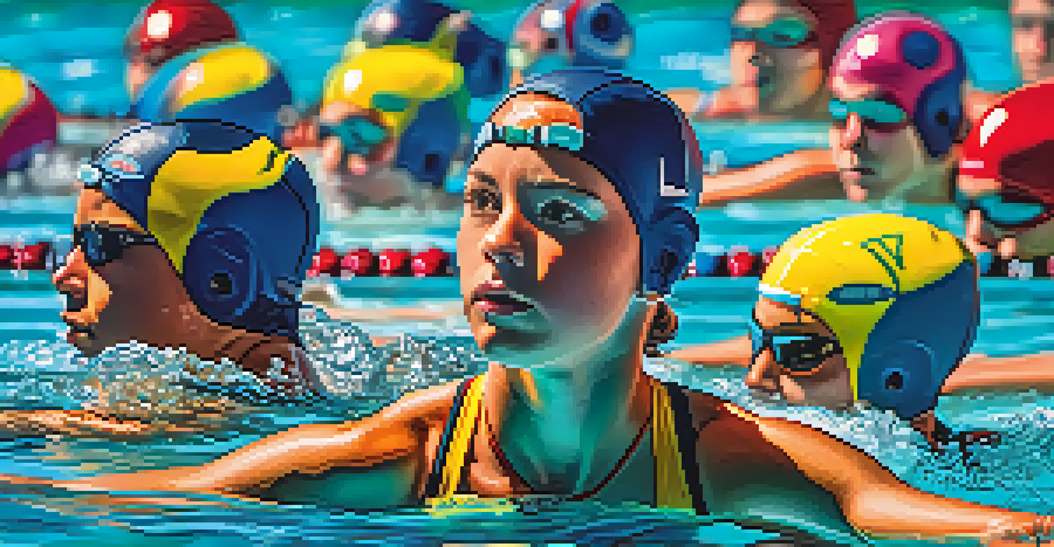 Young swimmers practicing while observing an Olympic champion in a training pool.