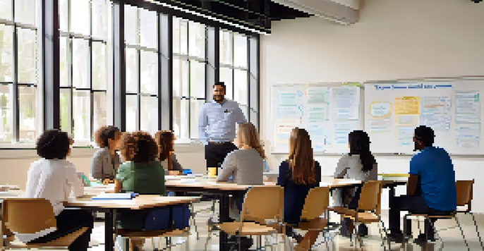A diverse group of educators participating in a professional development workshop in a bright classroom, sharing ideas and using laptops.