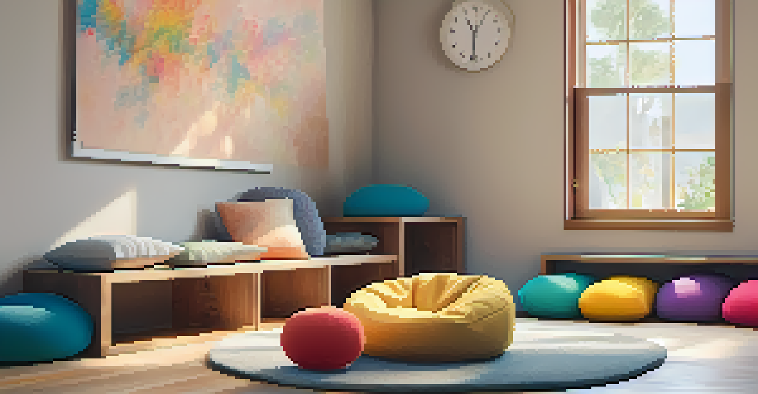 A cozy mindfulness corner in a classroom with bean bags, stress balls, and calming books, illuminated by warm lighting.