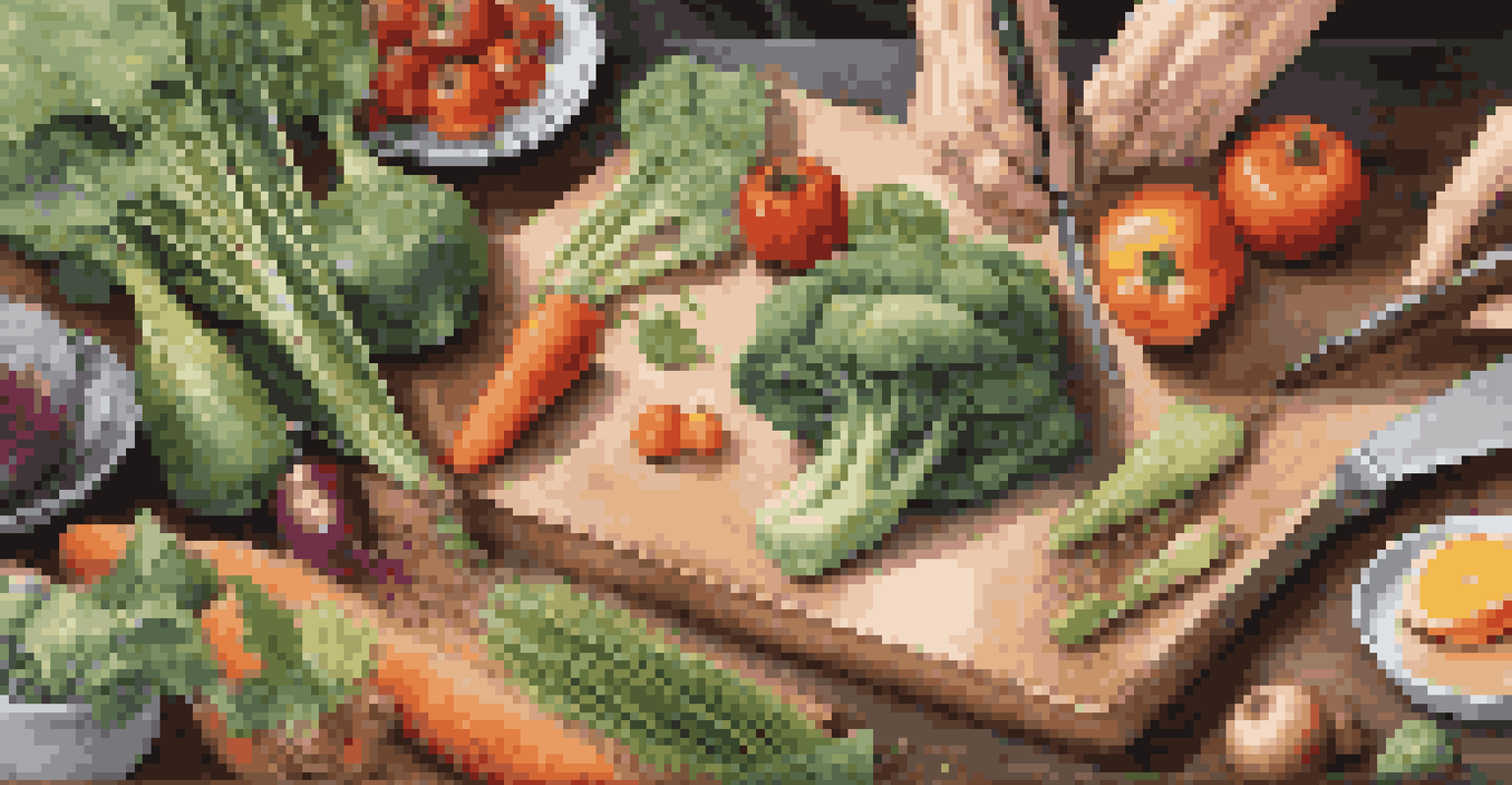 Hands chopping seasonal vegetables on a cutting board in a rustic kitchen setting.
