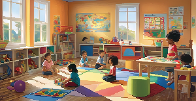 A vibrant classroom with children of different backgrounds playing and learning together, filled with colorful educational materials and sunlight.