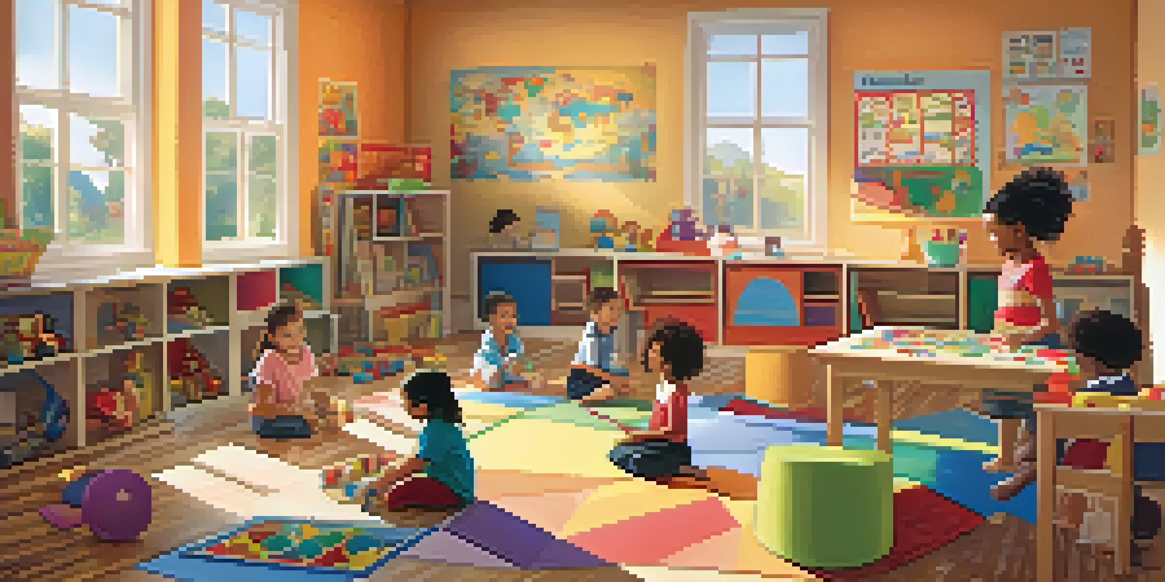 A vibrant classroom with children of different backgrounds playing and learning together, filled with colorful educational materials and sunlight.