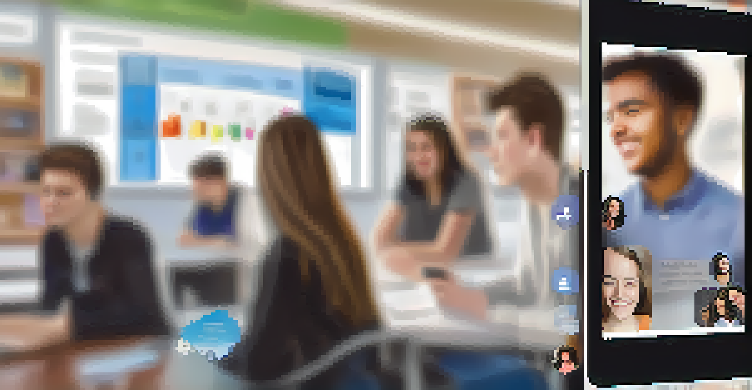 Close-up of a smartphone screen showing a group chat app with messages and images, with students in the background discussing.