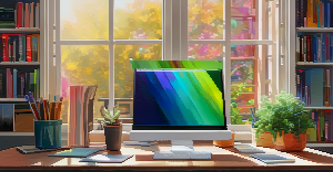 A contemporary workspace with a desk, open laptop displaying a digital portfolio, and a bookshelf in the background.