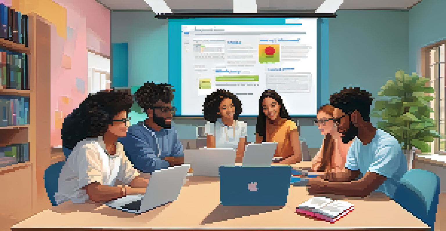 Diverse students in a colorful room collaborating during an online study session with laptops and notebooks.