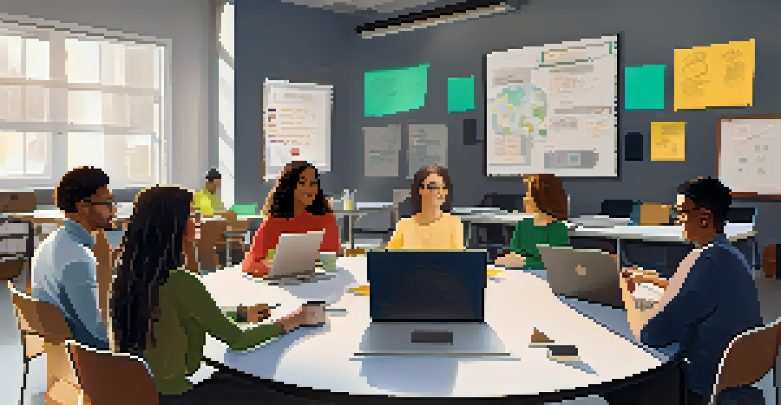 Teachers collaborating at a round table, discussing digital education tools with laptops and notes around them.