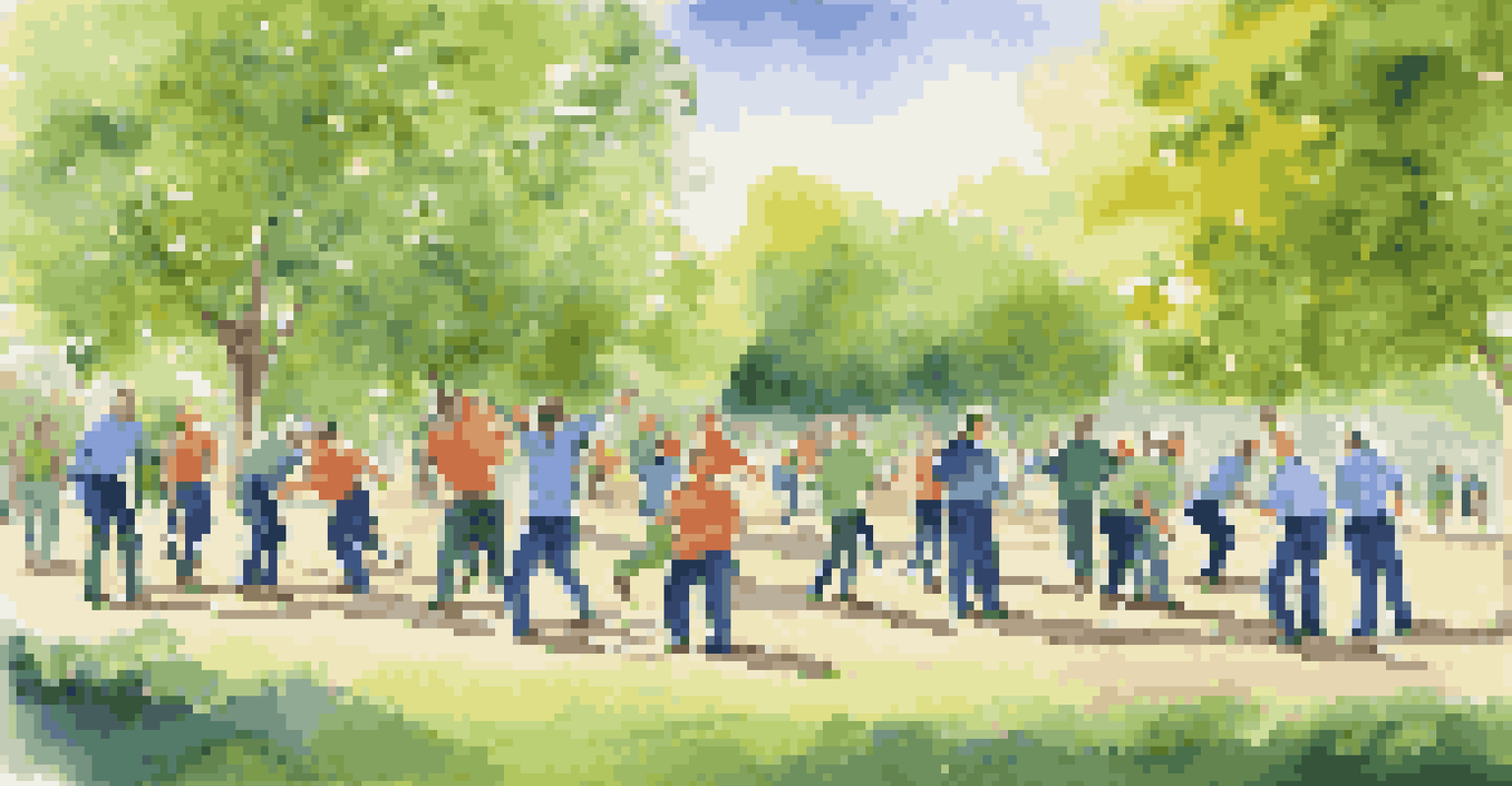 A group of employees participating in a problem-solving outdoor team-building exercise in a park.