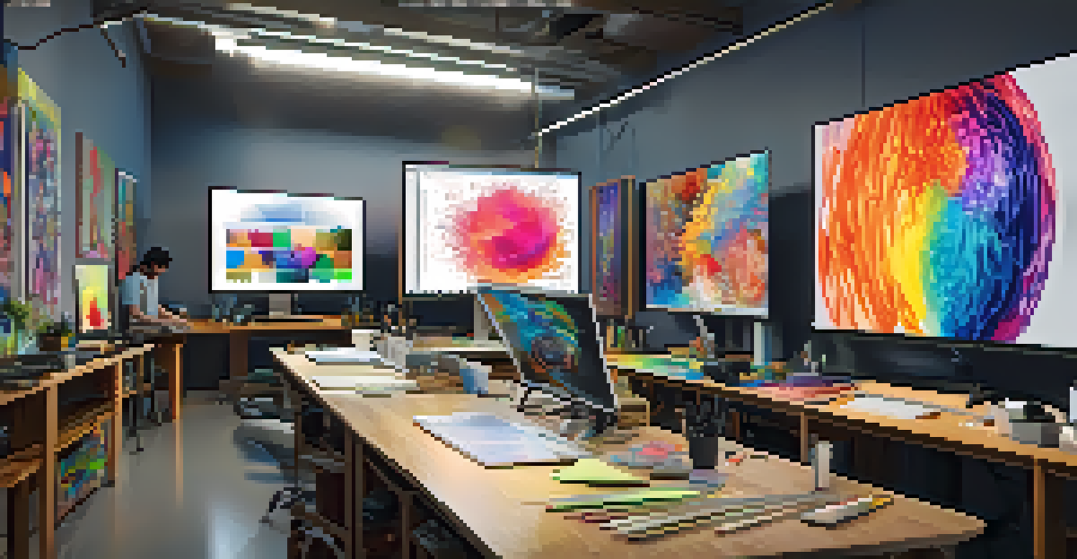 Students in a digital art studio using graphic design software to create visuals that explain scientific concepts, surrounded by vibrant colors and creative tools.