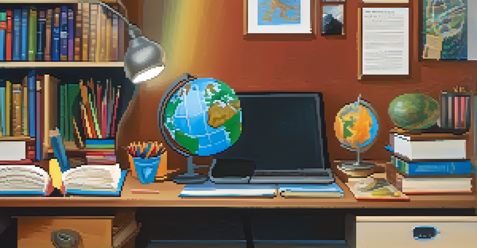 A teacher's desk filled with multicultural books and educational materials, with a globe and art supplies, creating a warm and inviting workspace.