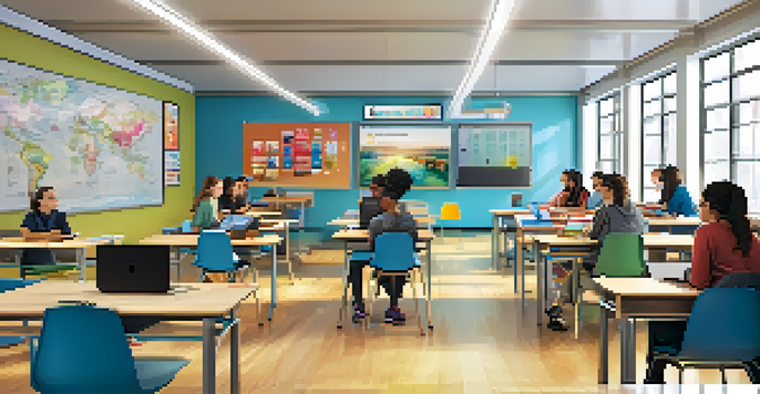 A diverse group of students in a modern classroom using technology, with bright natural light and colorful accessibility posters.