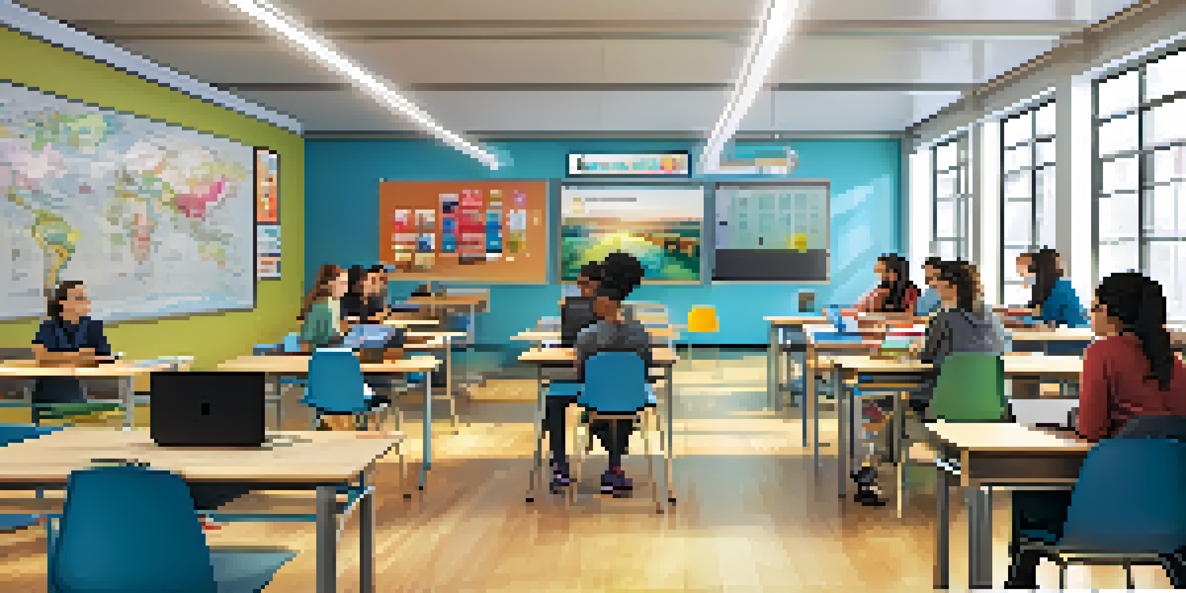 A diverse group of students in a modern classroom using technology, with bright natural light and colorful accessibility posters.