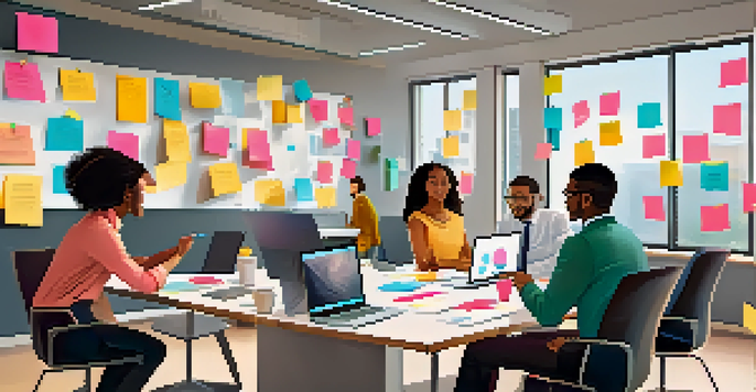 A diverse group of professionals collaborating in an office, with a mix of ethnicities and genders discussing ideas around a table.