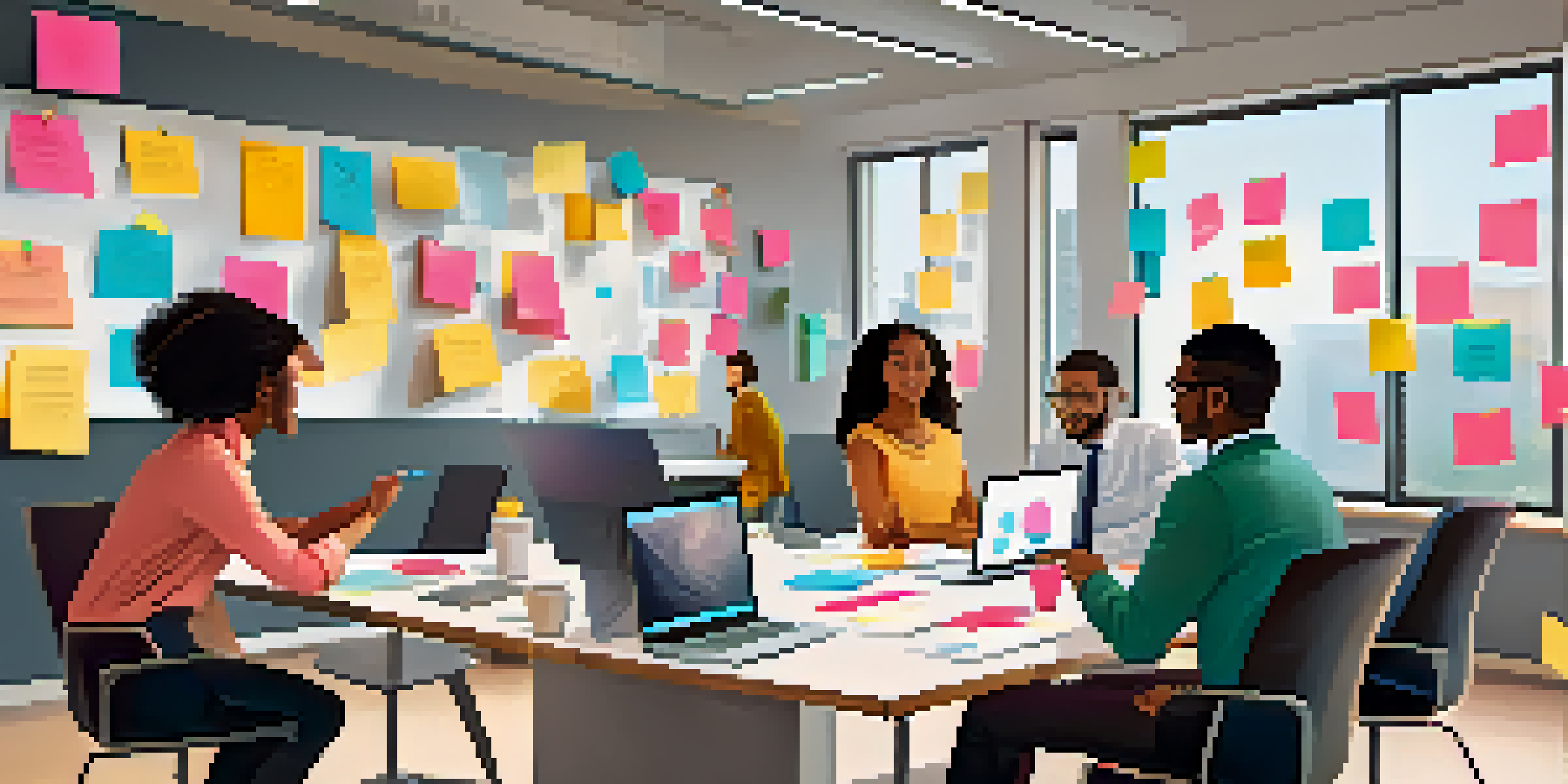 A diverse group of professionals collaborating in an office, with a mix of ethnicities and genders discussing ideas around a table.