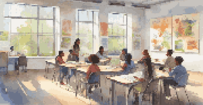 A bright classroom with diverse students collaborating at a round table, filled with natural light and educational posters.