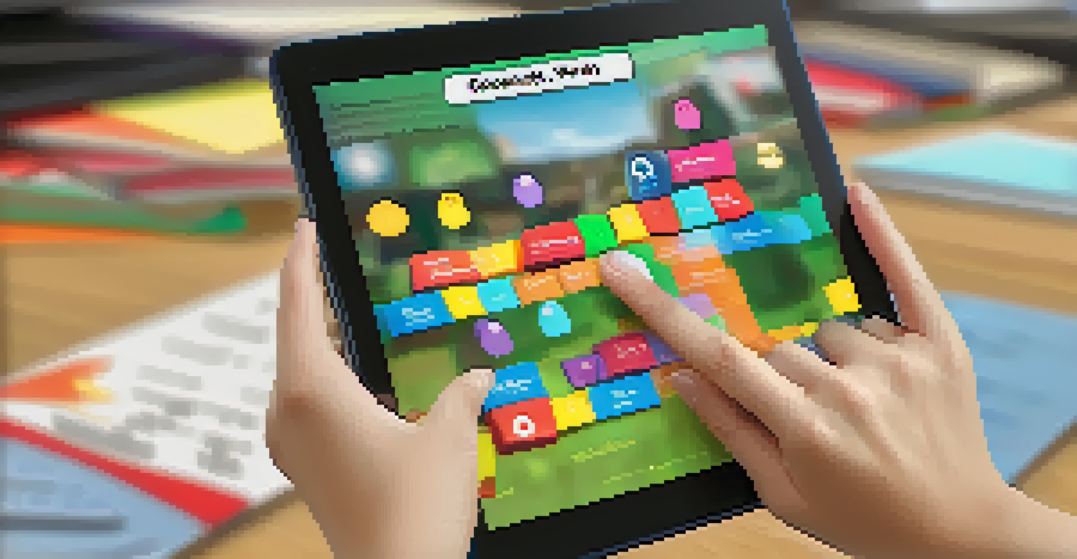 Close-up of a student's hands using a tablet to participate in an interactive quiz game, with vibrant graphics on the screen.