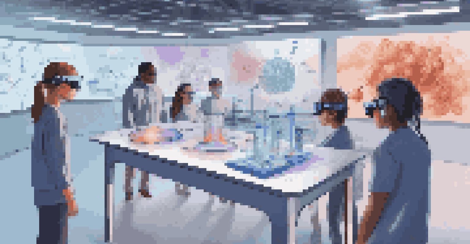 Students in different locations conducting a virtual lab experiment using augmented reality, showcasing collaborative interaction with digital displays.