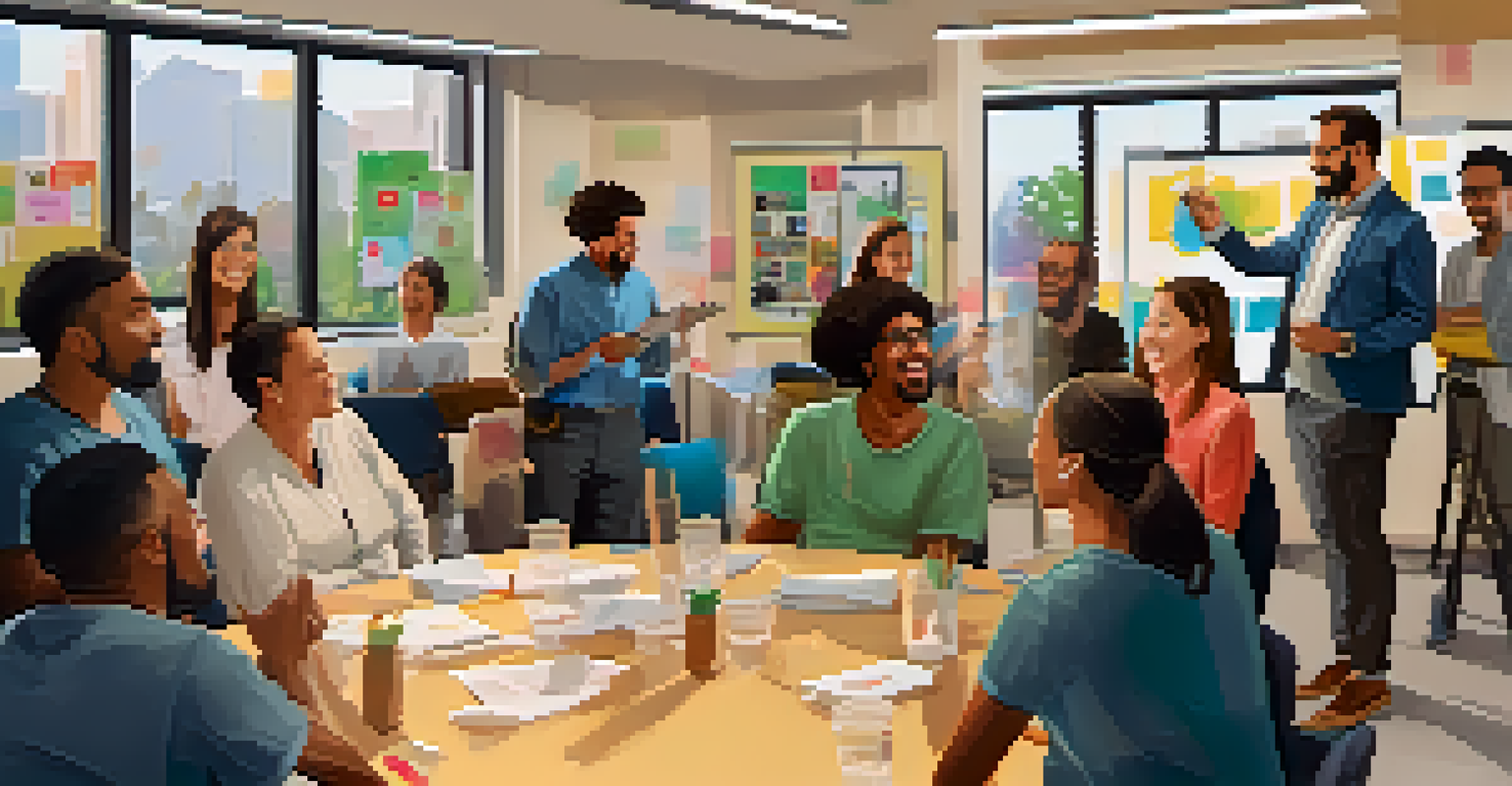 Teachers in a workshop sharing laughs and stories in a bright, motivational space.