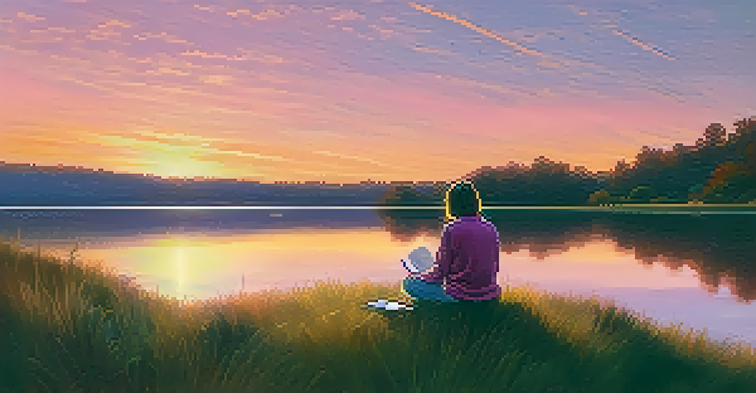 A person sitting on a grassy hill overlooking a calm lake at sunset, writing in a journal titled 'Savings Goals', with a tranquil expression and a colorful sky reflecting on the water.
