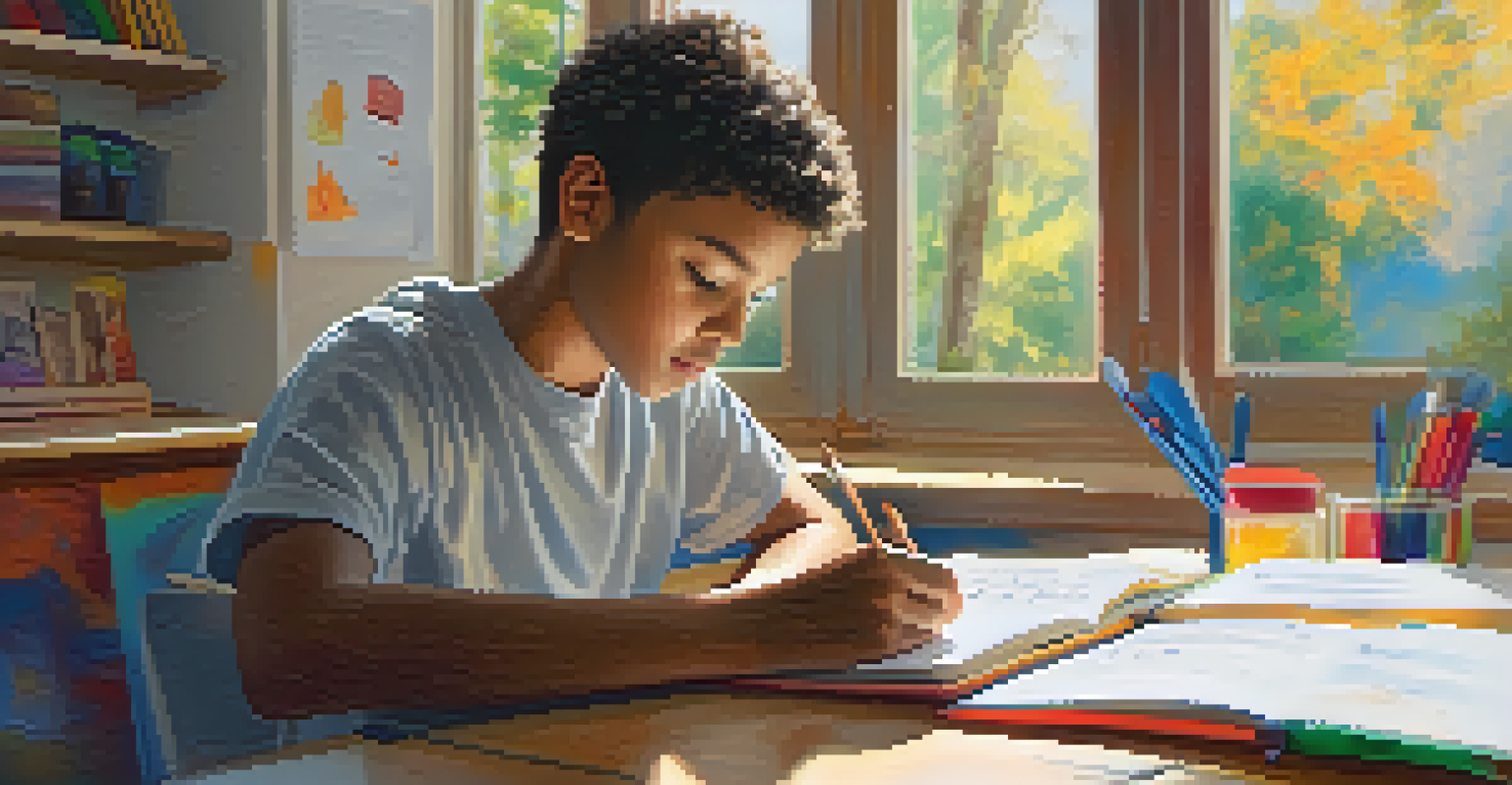 A student deeply engaged in writing in a journal with a choice board visible in the background.