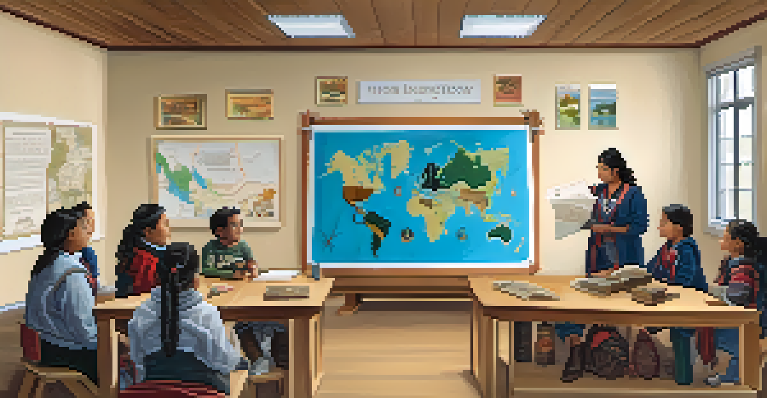 A teacher discussing local indigenous history with engaged students in a decorated classroom with maps and cultural artifacts.