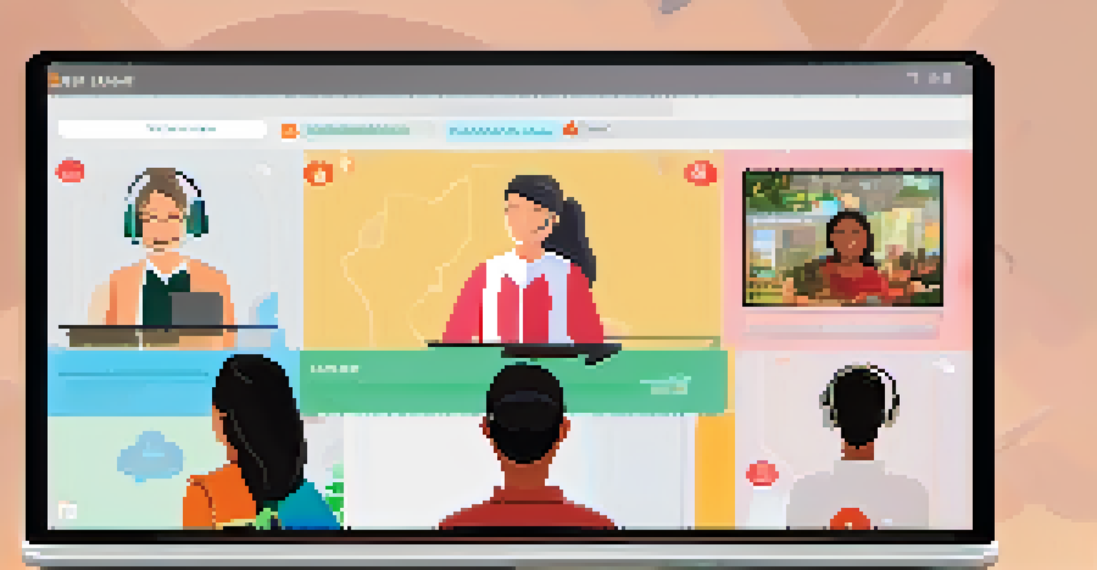 An online lecture with a teacher and students, showing real-time translations in various languages on screens.