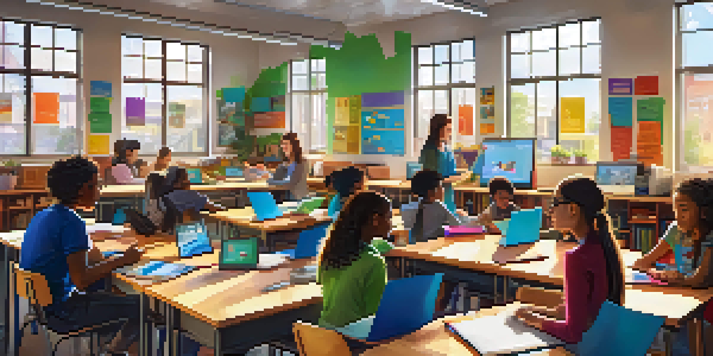 A lively classroom with students working together on digital storytelling projects using technology like laptops and tablets, with a teacher present.